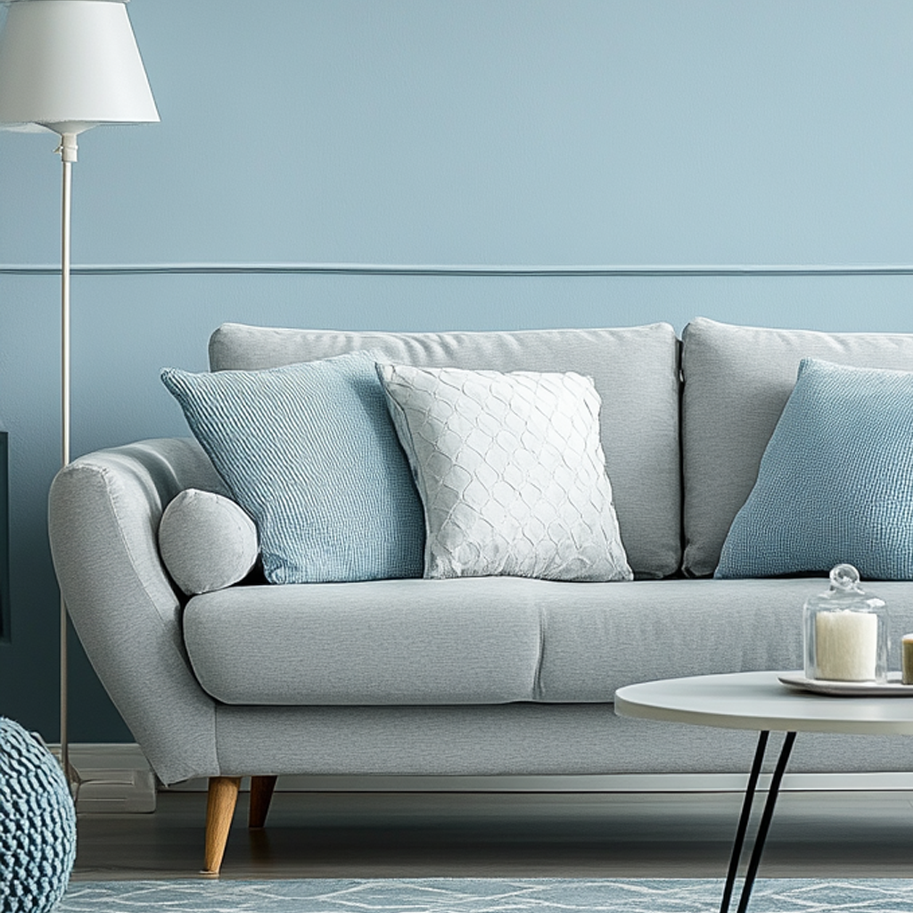 cool toned room with a grey couch, blue walls, blue and white pillow covers in a living room with decorations and home decor suiting a modern home.