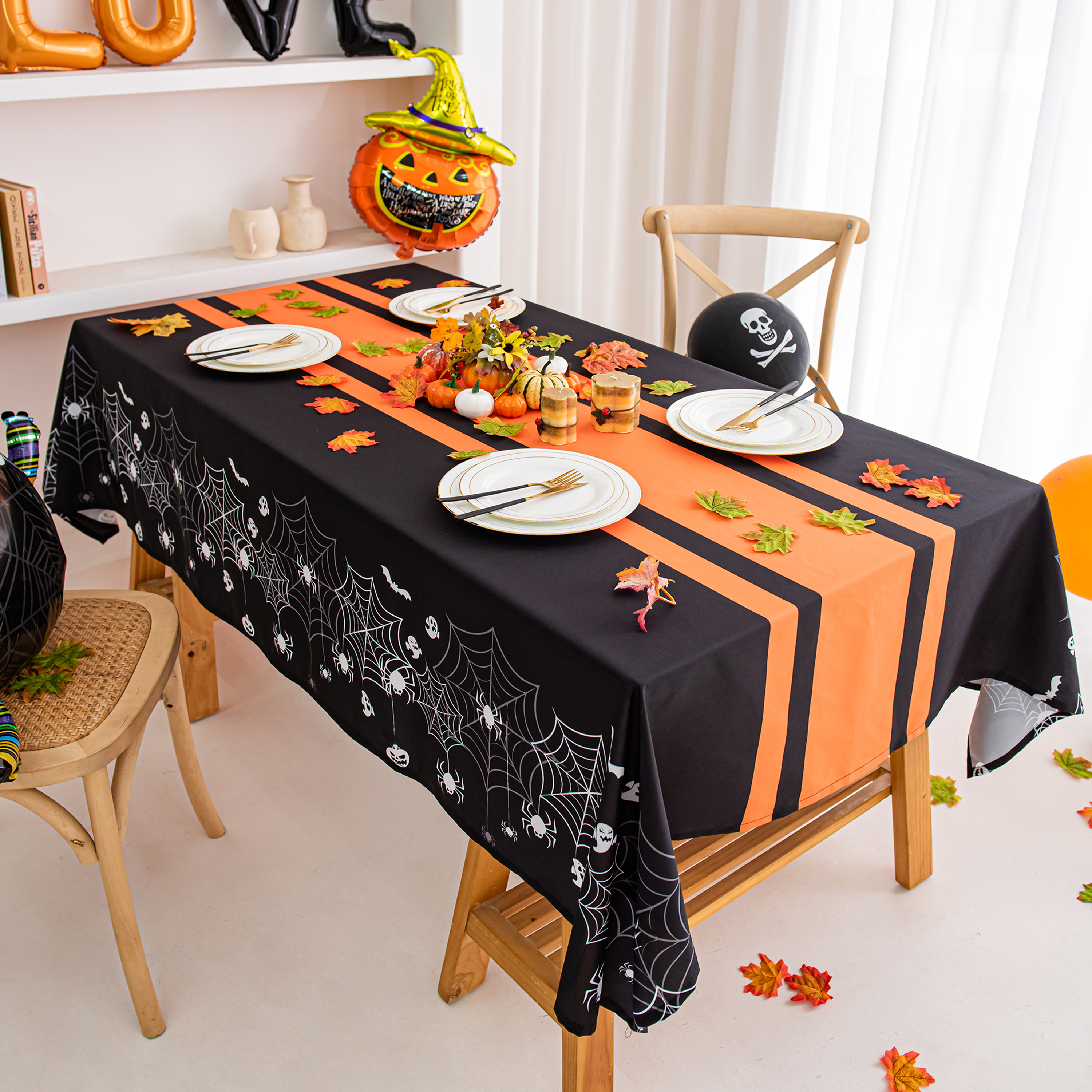 Halloween Spiderweb Striped Tablecloth - Orange