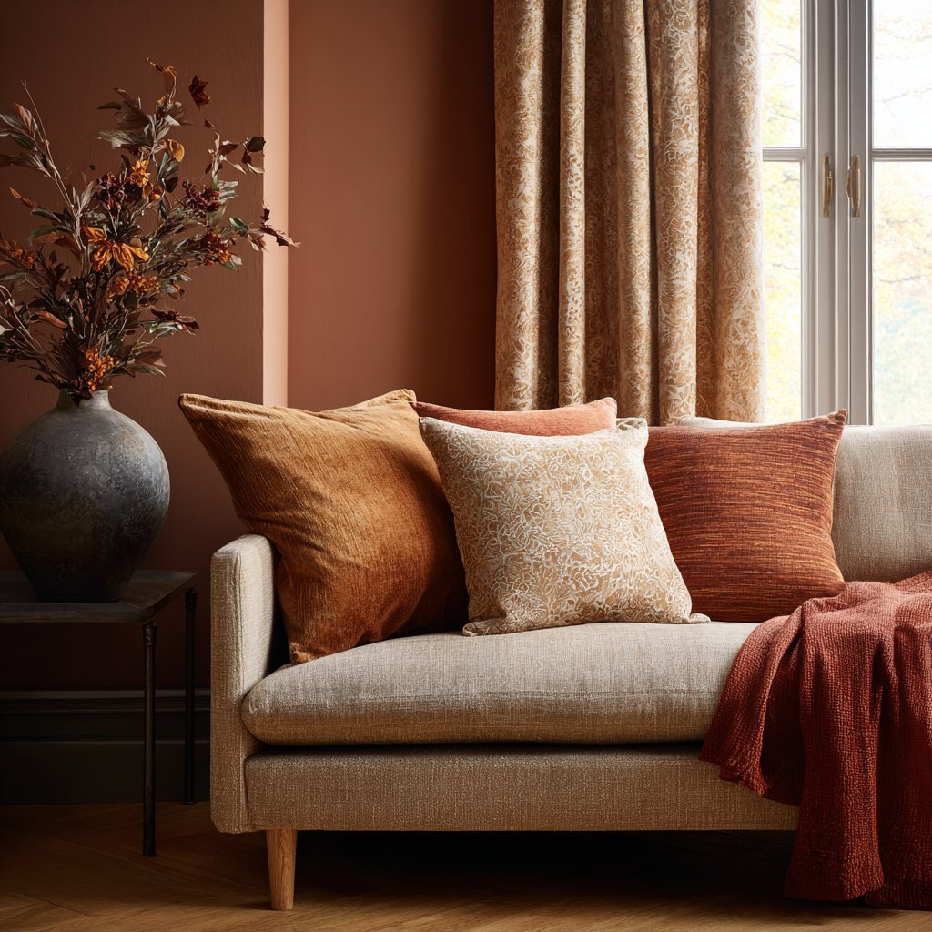 Warm and Cozy Room with Curtains and Pillow Covers. Warm toned room with couch and home decorations.
