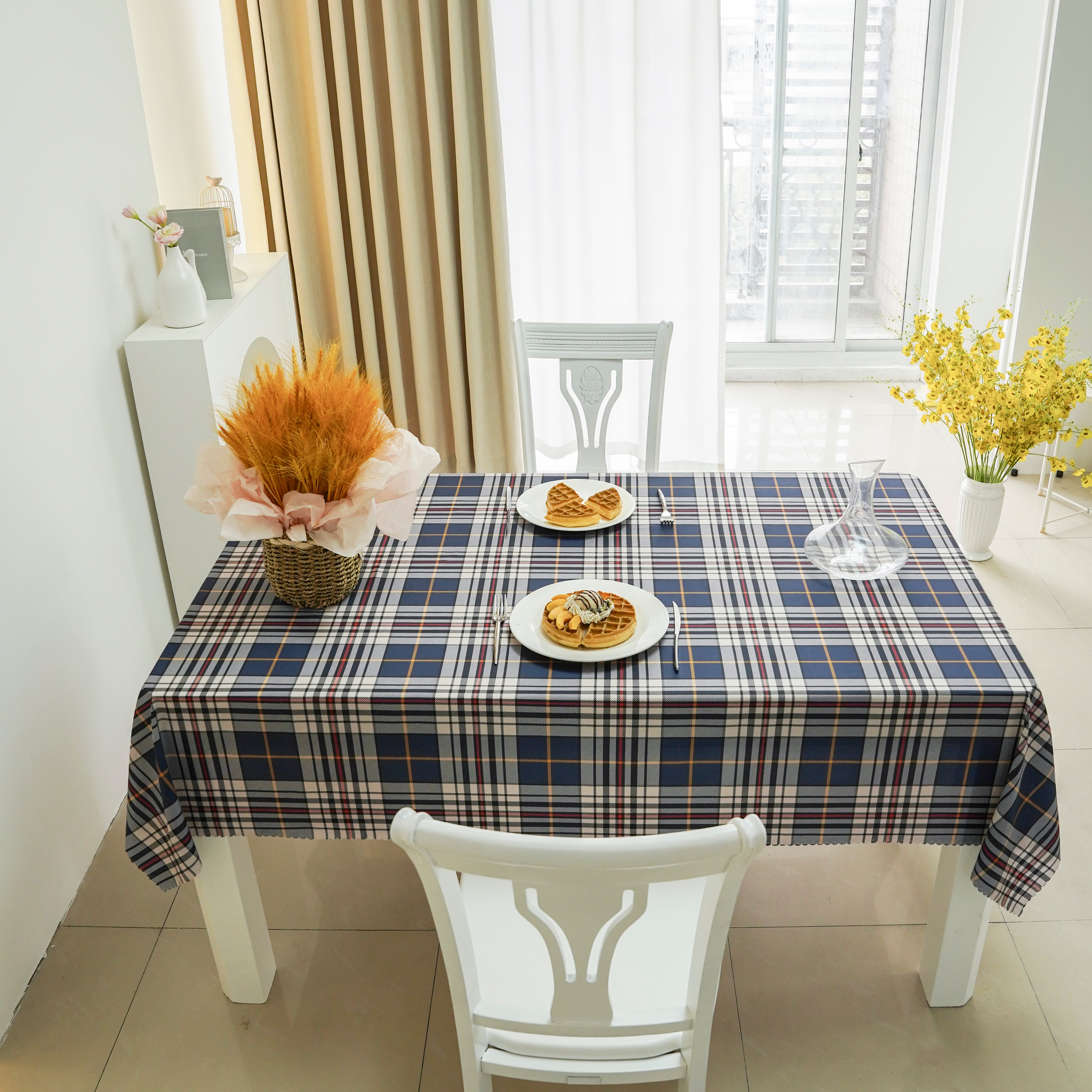Navy Blue White Buffalo Plaid Rectangular Tablecloth 60x102 Inches Polyester