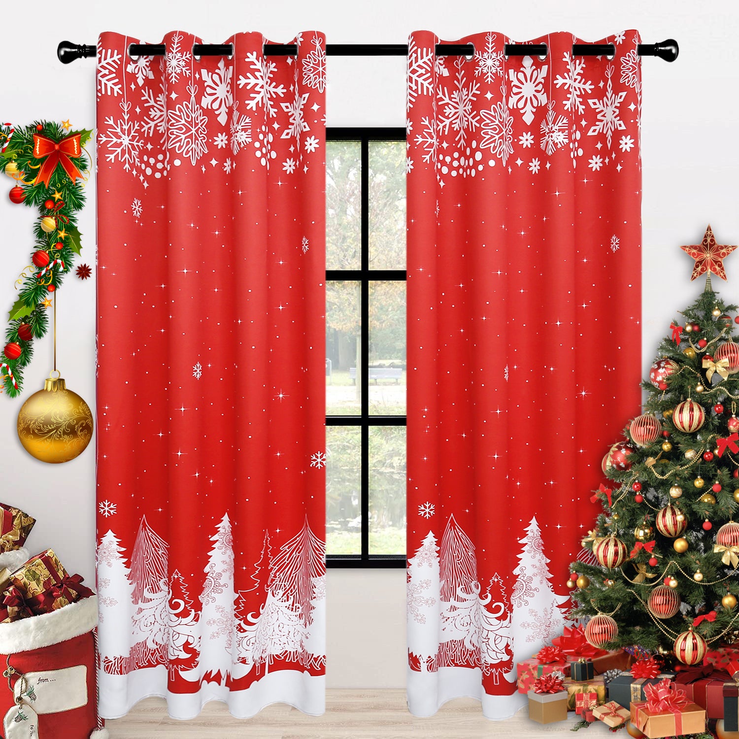 Christmas Curtains - Red Xmas Trees