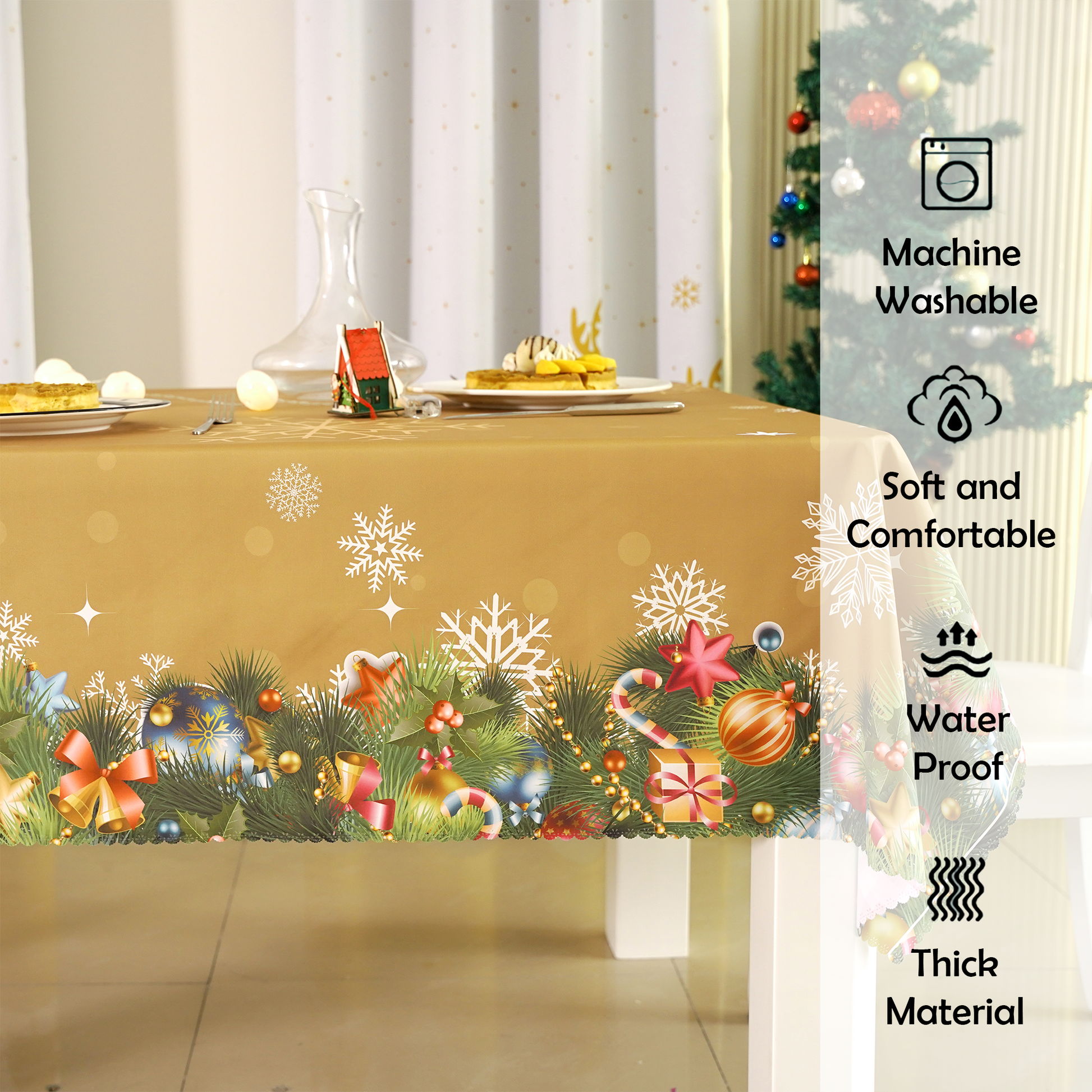 Christmas Gold Xmas Tree Pattern Rectangle Tablecloth