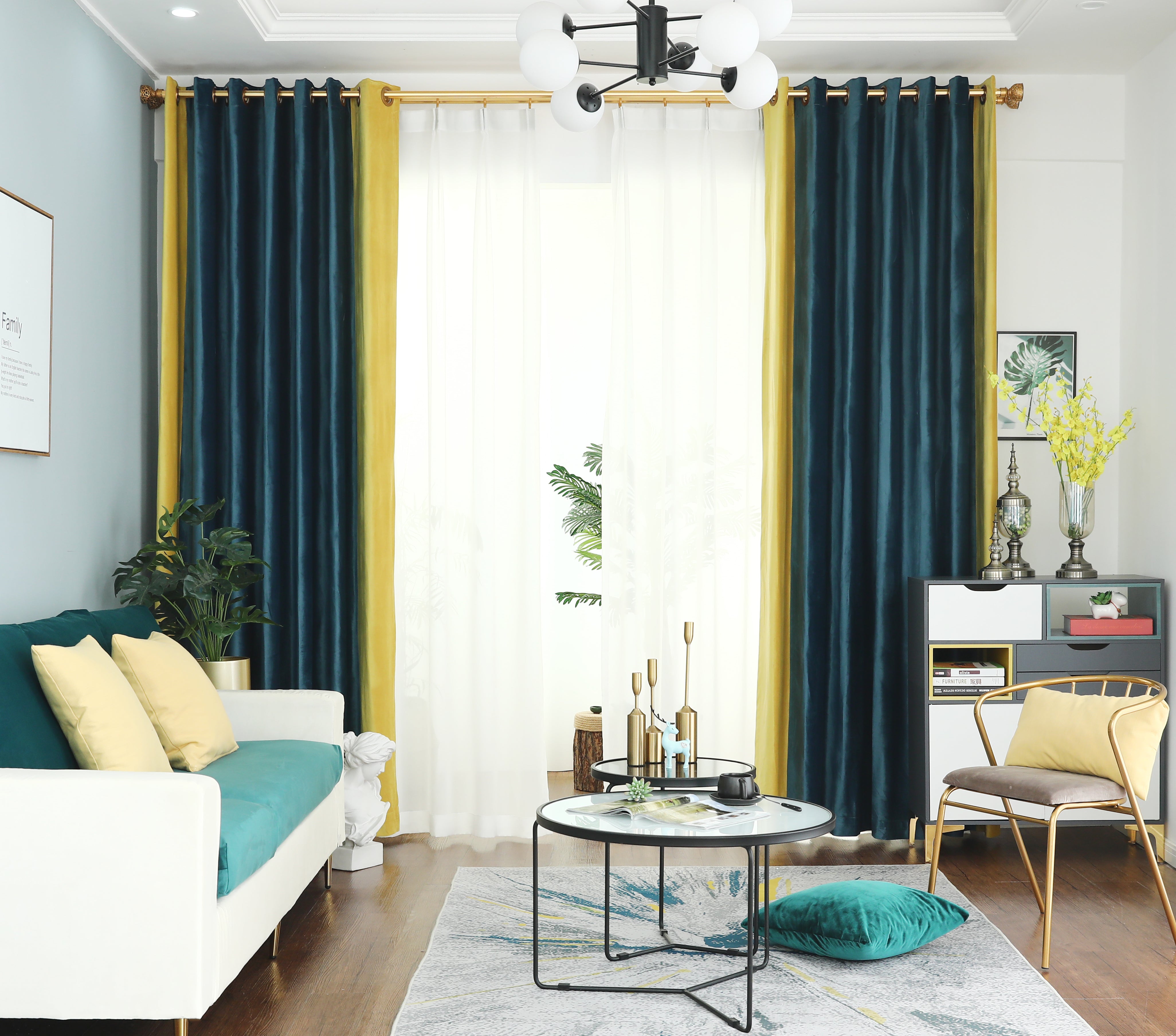 Holland Velvet Dual Color Curtain - Navy Blue and Royal Yellow