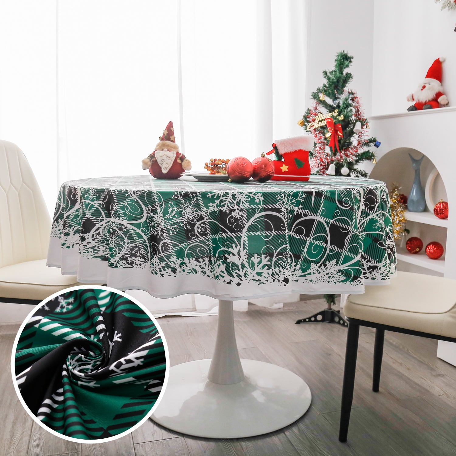 圣诞仙境图案-圆桌布-绿色格子