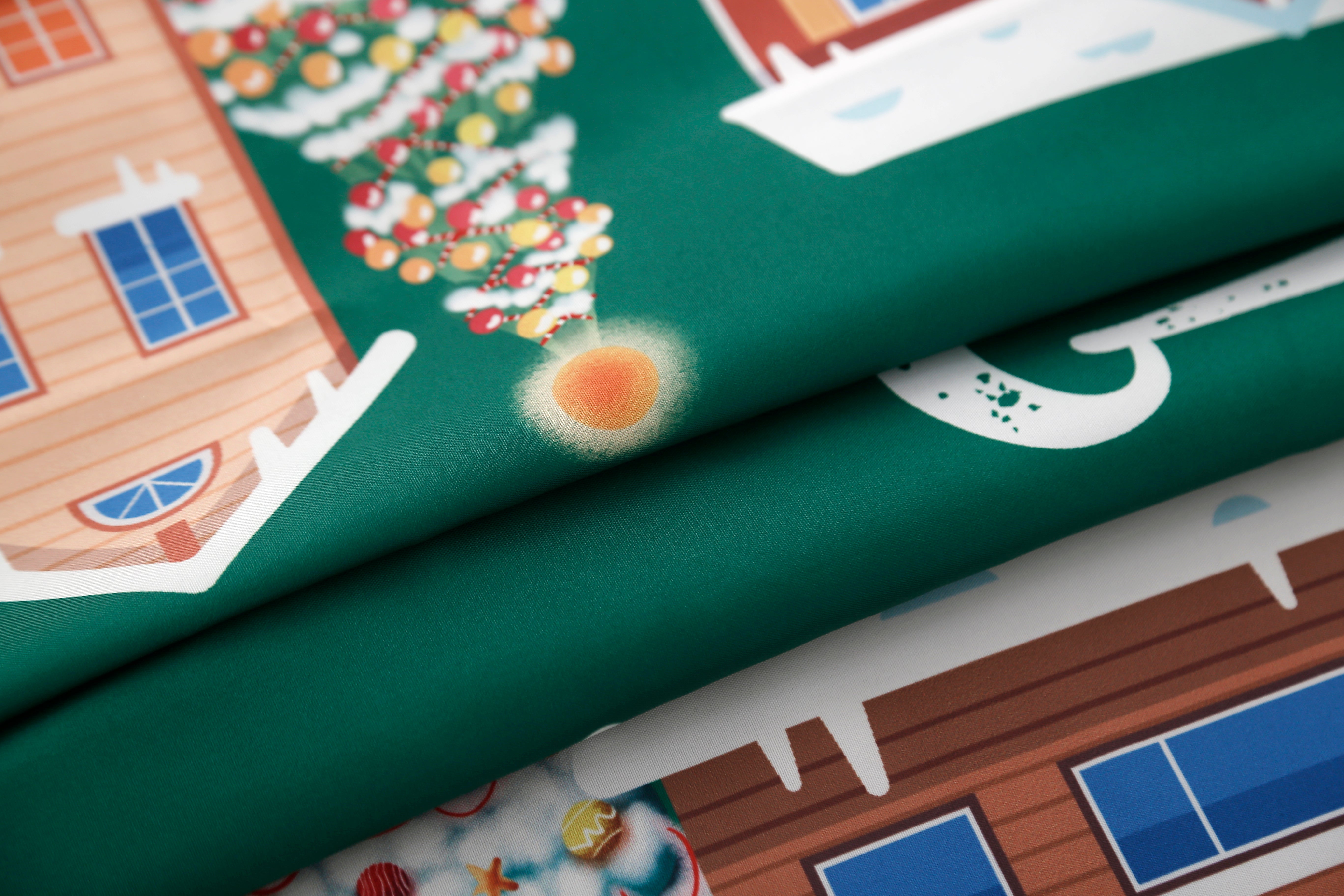 圣诞小木屋图案-圆桌布-绿色