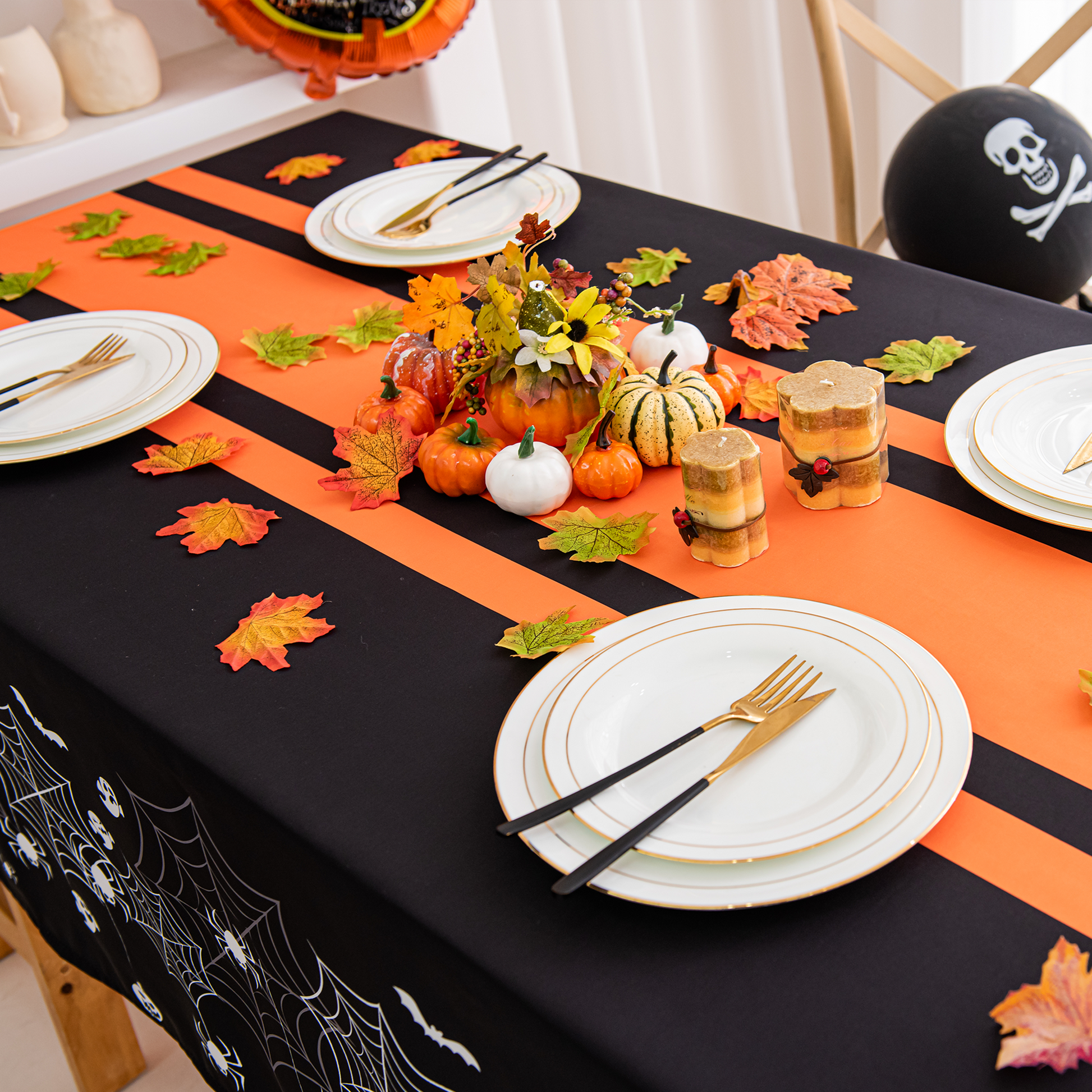 Halloween Spiderweb Striped Tablecloth - Orange