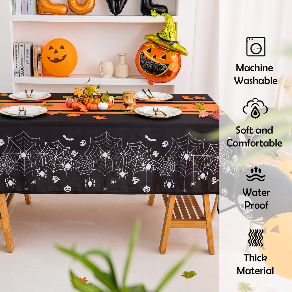 Halloween Spiderweb Striped Tablecloth - Orange