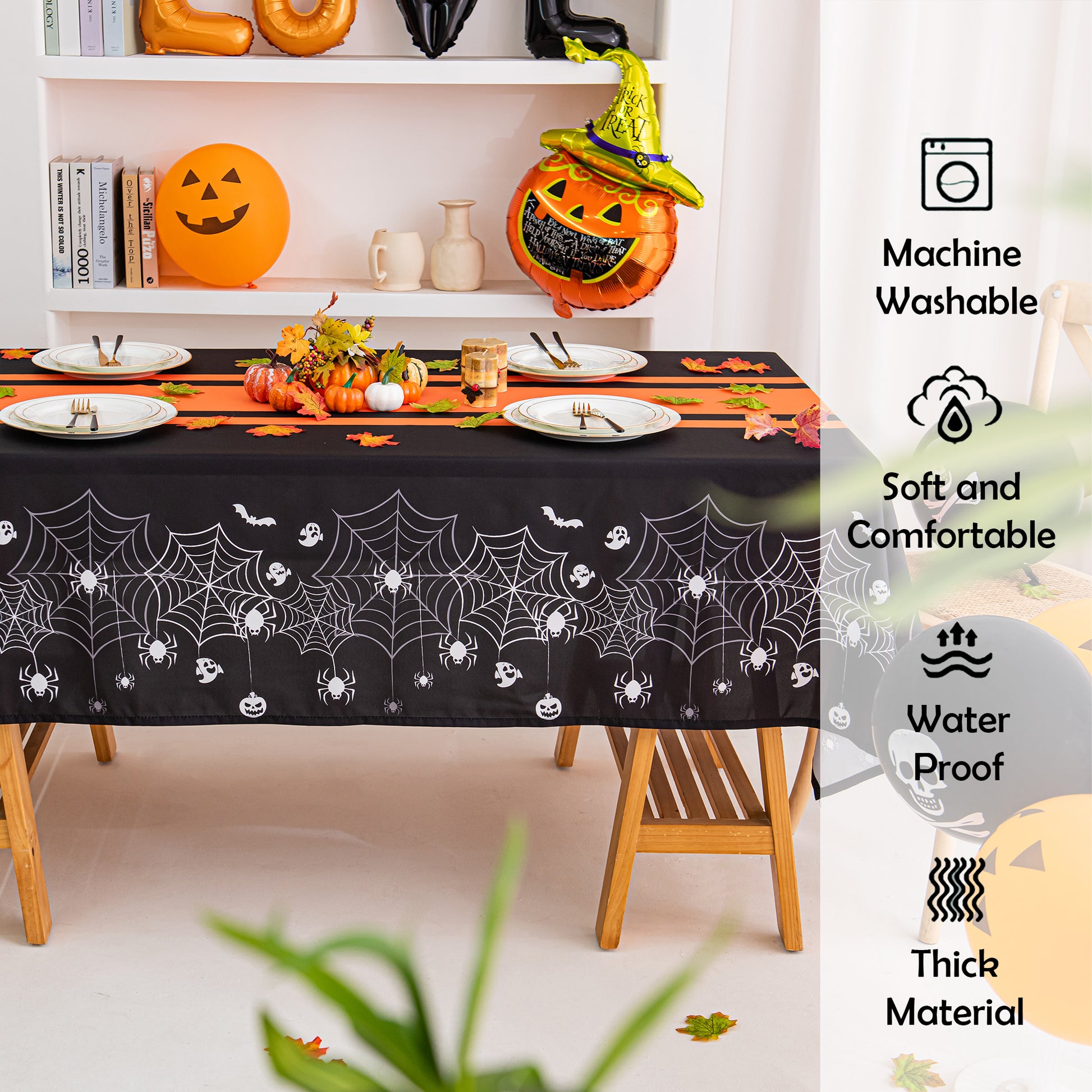 Halloween Spiderweb Striped Tablecloth - Orange