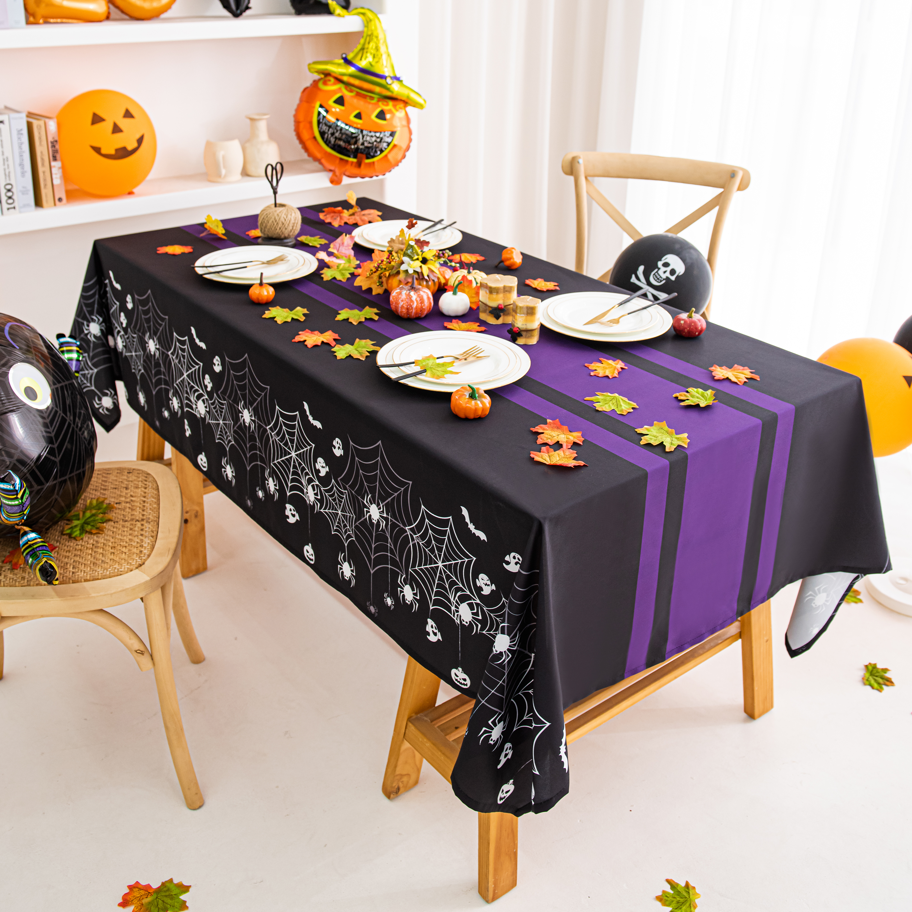 Halloween Spiderweb Striped Tablecloth - Purple