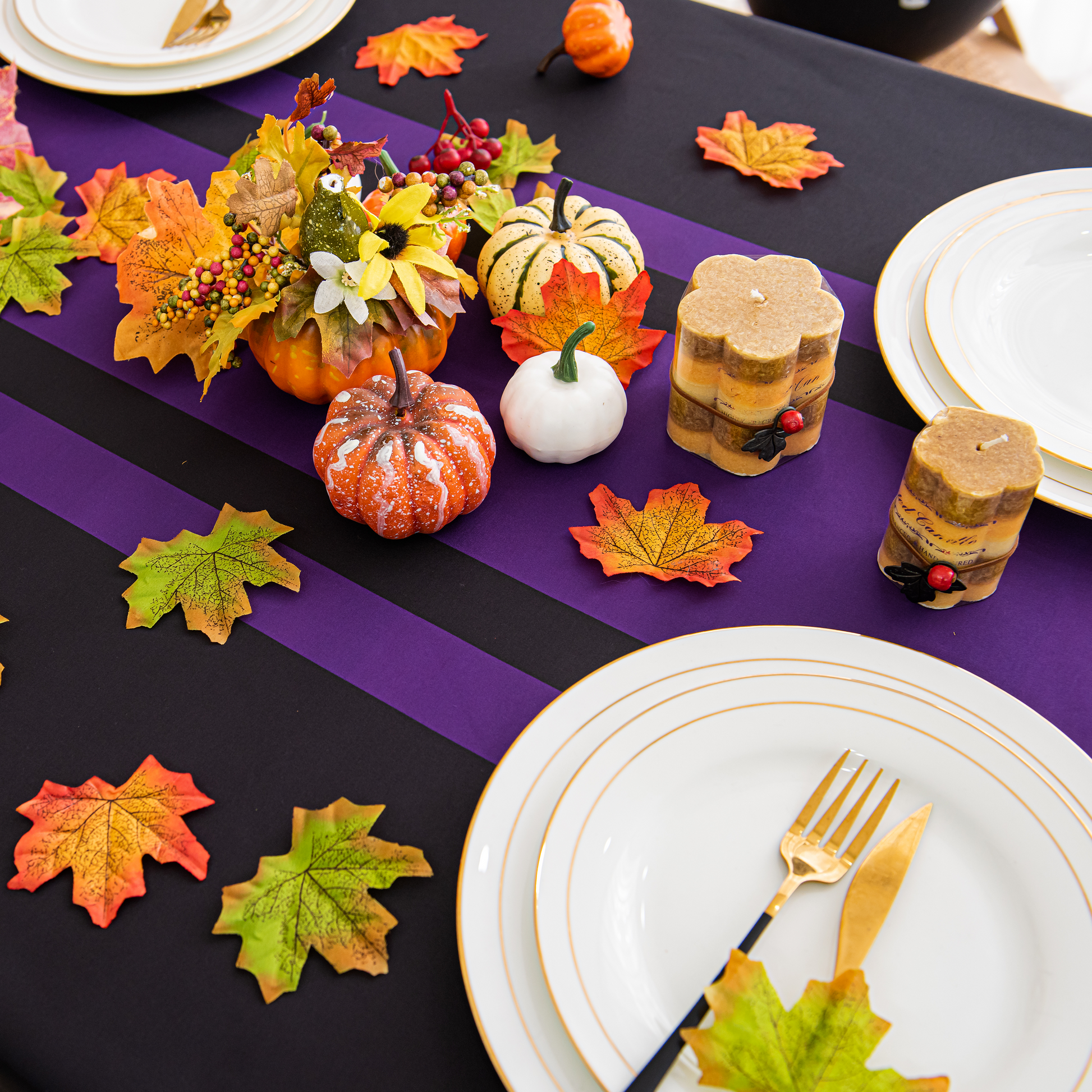 Halloween Spiderweb Striped Tablecloth - Purple