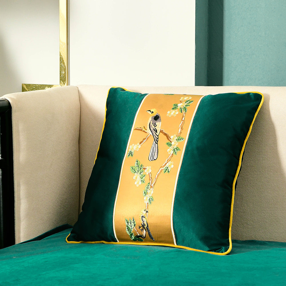 May's Decorative Silk Pillow Covers - Yellow Headed Blackbird [Alpine Green]