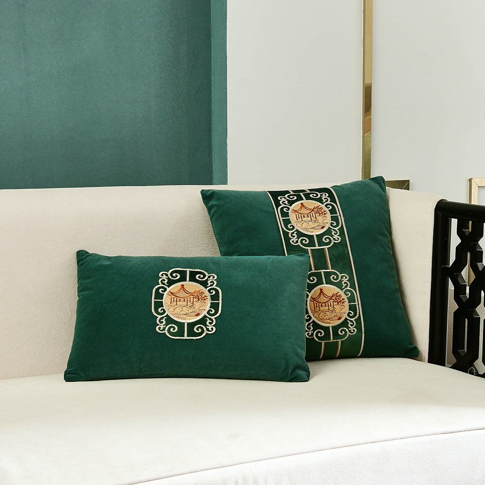 May's Decorative Velvet Throw Pillow Covers - Asian Pavilion [Forest Green]