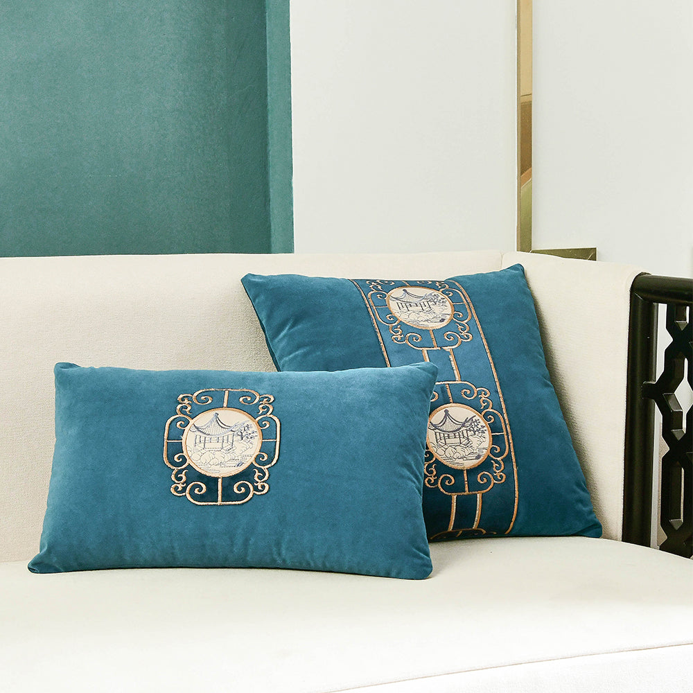 May's Decorative Velvet Throw Pillow Covers - Asian Pavilion [Pacific Blue]