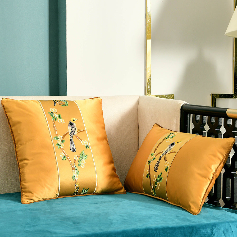 May's Decorative Silk Pillow Covers - Yellow Headed Blackbird [Marigold Yellow]
