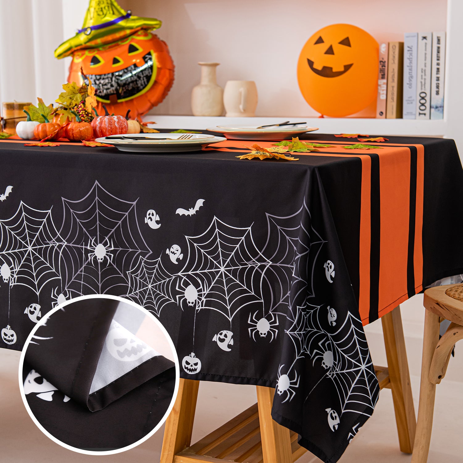 Halloween Spiderweb Striped Tablecloth - Orange