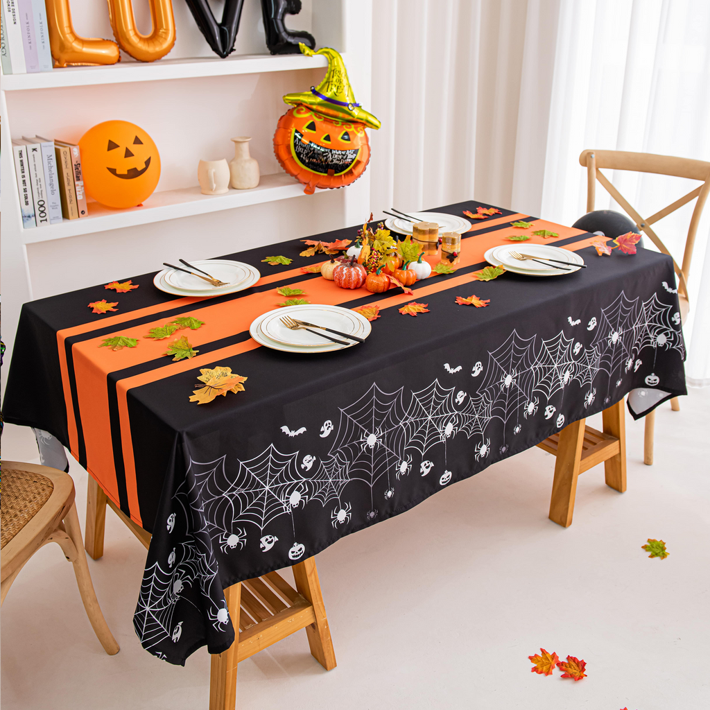 Halloween Spiderweb Striped Tablecloth - Orange