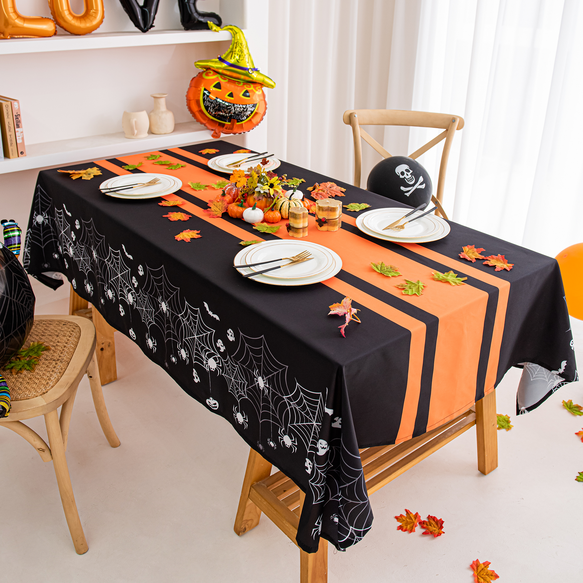 Halloween Spiderweb Striped Tablecloth - Orange