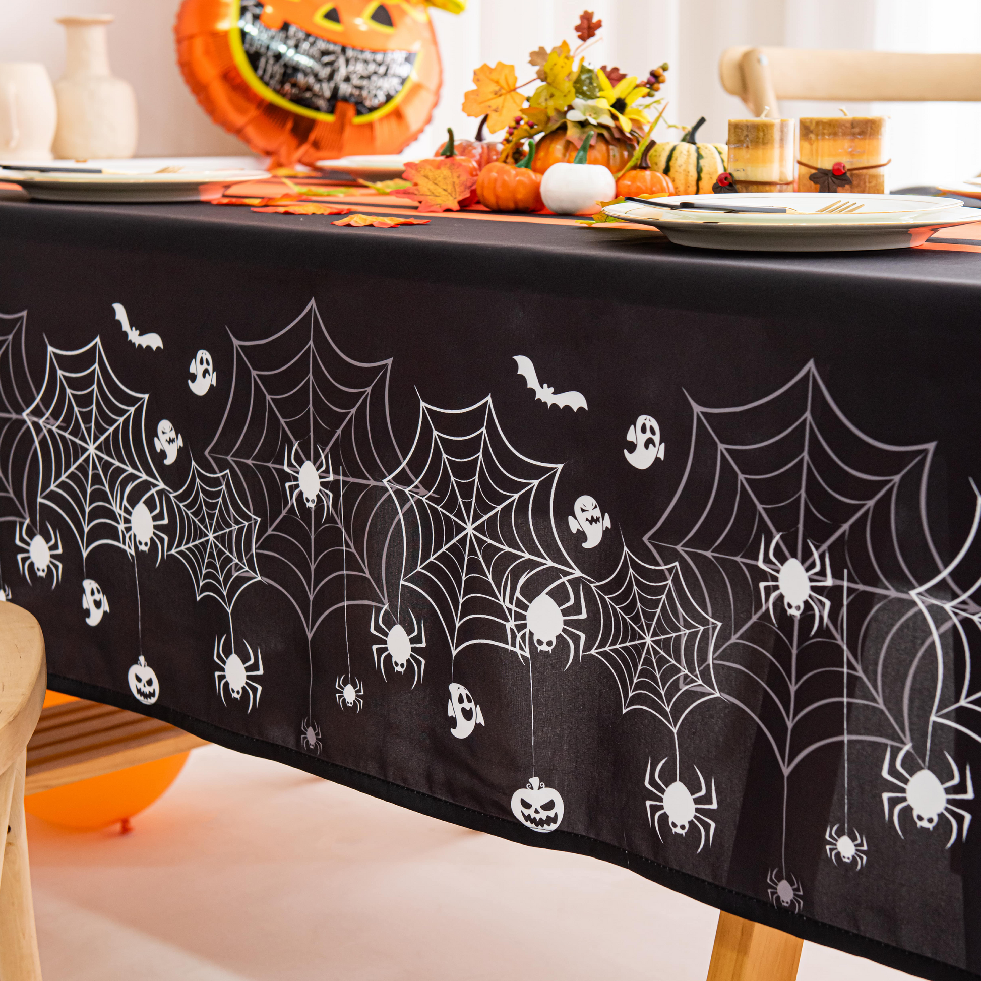 Halloween Spiderweb Striped Tablecloth - Orange