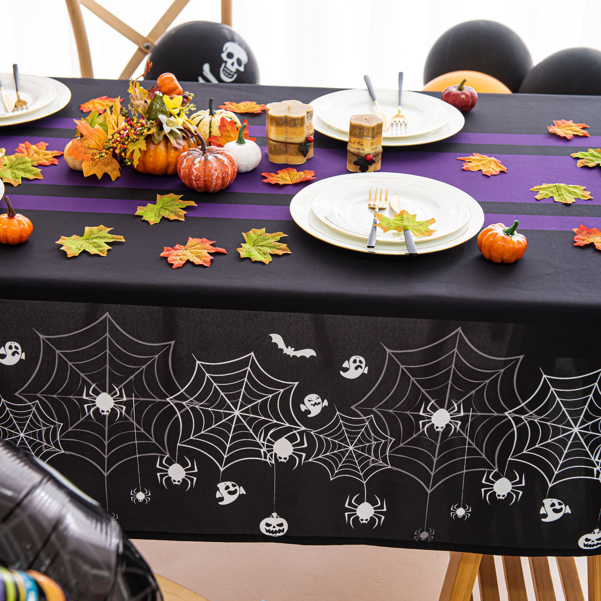 Halloween Spiderweb Striped Tablecloth - Purple